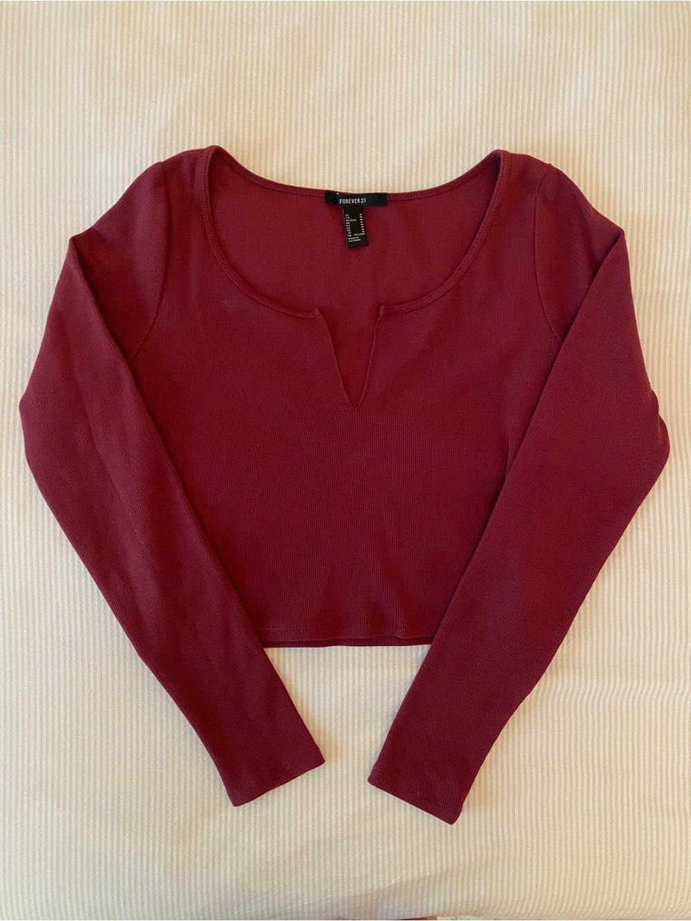 Forever 21 Burgundy Ribbed Long-Sleeve Scoop-Notch Crop Top